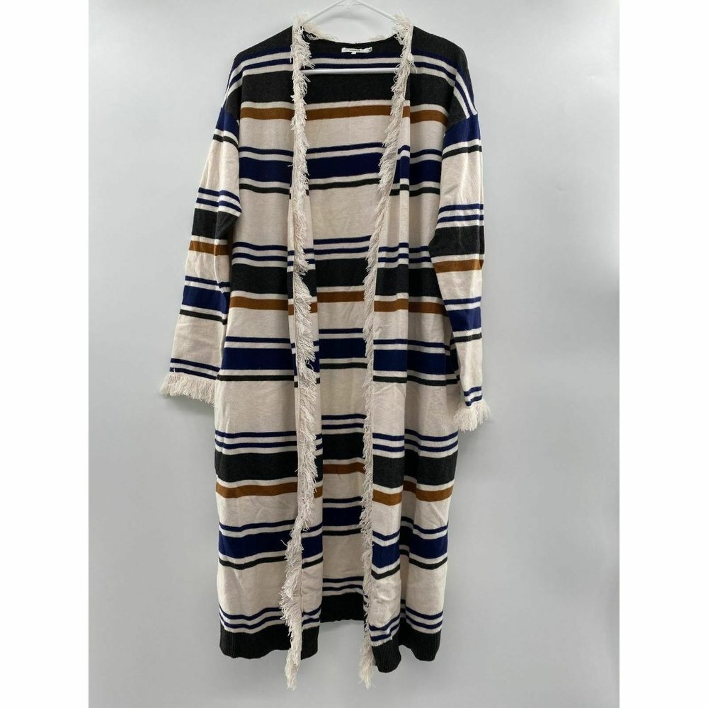 Tularosa Women's Long Duster Cardigan Sweater Fringe Hem Ivory/Gray Stripe sz S
